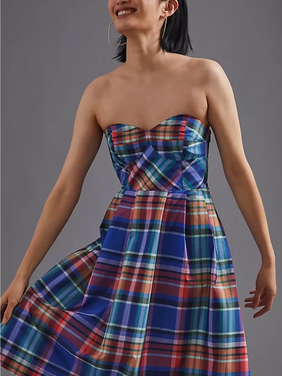 Anthropologie Dresses & Skirts - Anthropologie Strapless Plaid Midi Dress in Blue red and Green size 4
